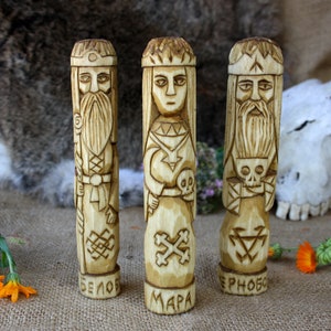 Slavic Gods and Goddess - CHERNOBOG, BELOBOG and MORANA. Wooden gods an goddesses.Small Wooden Figurines.Hand Carved Wooden Slavic Pantheon.