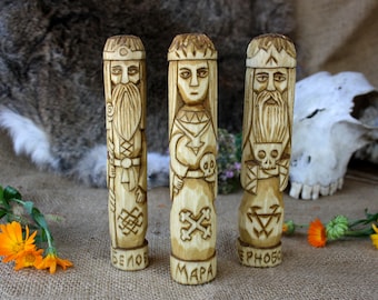 Slavic Gods and Goddess - CHERNOBOG, BELOBOG and MORANA. Wooden gods an goddesses.Small Wooden Figurines.Hand Carved Wooden Slavic Pantheon.