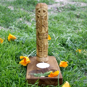 Thor with wooden small altar. Norse God Thor. Viking's god. Hand crafted wooden Statue. Thor statue.