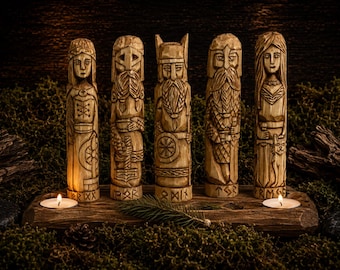 Norse Gods Set, 5 Hand Carved Wooden Statues with Large Altar, Viking Decor