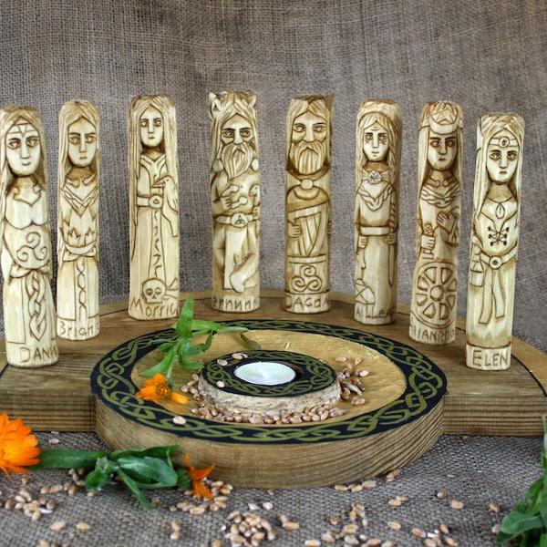 Handmade Celtic Deities Set: Wood Gods with Altar Stand