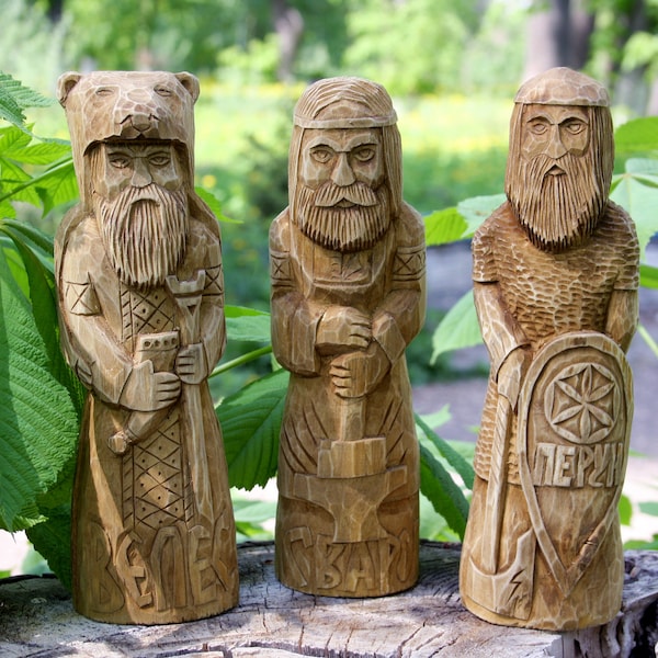 Veles, Svarog, Perun. God statue, wood statue, slavic god, nordic idol, wood carving. Hand Carved Wooden Slavic Pantheon.