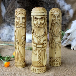 Slavic Gods and spirit - SVITOVIT, STRIBOG and DOMOVOY. Wooden gods an goddesses. Small Wooden Figurines. Hand Carved Wooden Slavic Pantheon