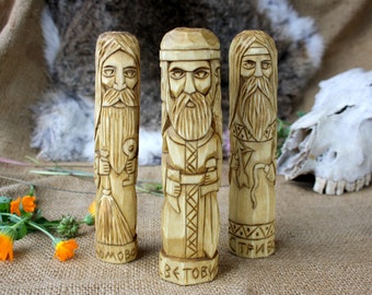 Slavic Gods and spirit - SVITOVIT, STRIBOG and DOMOVOY. Wooden gods an goddesses. Small Wooden Figurines. Hand Carved Wooden Slavic Pantheon