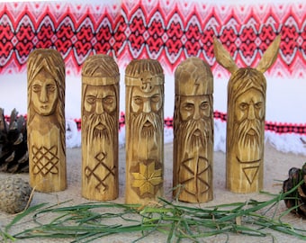 Hand Carved Wooden Slavic Gods Small Figurines: Perun, Lada, Rod, Svarog, Veles
