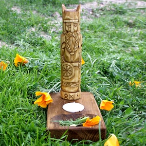 Hand Carved Wooden Odin Statue with Small Altar