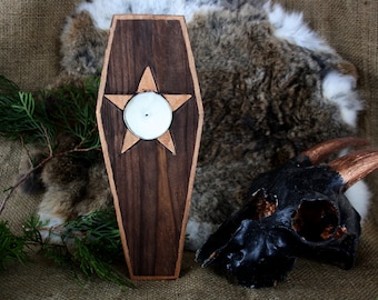 Wooden Coffin Candlestick: Wiccan Altar with Bronze Pentagram