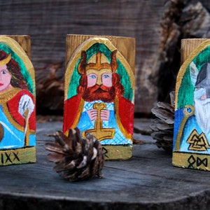 Norse wooden alar. Painting norse Gods and norse Goddess Frigg Odin Thor .Acrylic painting. Wotan. Skandinavion pantheon. Viking art