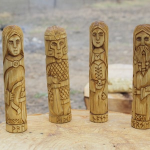 Norse Gods - god VIDAR, god FORSETI and god VALI. Norse Goddess - goddess Nanna. Wooden gods and goddesses . Small Wooden Figurines.