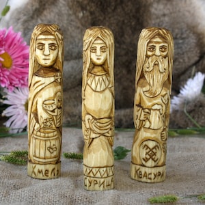 Slavic Gods and Goddess  - KVASURA, KHMEL and SURYA. Wooden gods. Small Wooden Figurines. Hand Carved Wooden Slavic Pantheon.