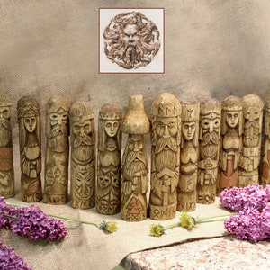 Scandinavian Pantheon.Odin,Thor,Heimdall, Loki,Tyr,Frigg,Freya,Freyr,Njord,Hel,Modi,Idunna,Air,Valkiriya,Magni. Wooden pagan Gods.