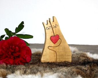 Cats in Love Wooden Puzzle: Handmade Animal Family Decor