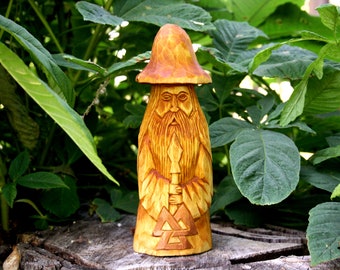Hand Carved Wooden Odin Statue. (7.8 inches) Norse vikings god figurine.