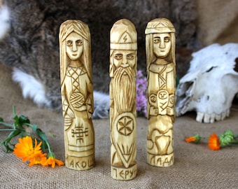 Slavic Gods and Goddesses - LADA, MAKOSH and PERUN. Wooden gods and goddesses . Small Wooden Figurines. Hand Carved Wooden Slavic Pantheon.