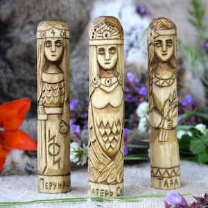 Slavic Goddesses - MATER Sva, DODOLA and TARA. Wooden slavic goddesses . Small Wooden Figurines. Hand Carved Wooden Slavic Pantheon.