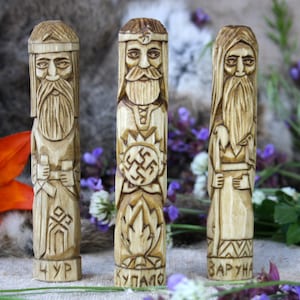 Slavic Gods  - CHUR, KUPALO and VARUNA. Wooden gods. Small Wooden Figurines. Hand Carved Wooden Slavic Pantheon.