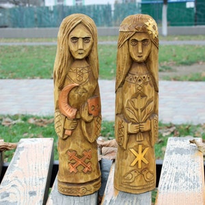 Hand-carved wooden statues Morana and Zhiva. Mara. MORANA Slavic Goddess of Death. ZHIVA Slavic Goddess of Life. Zhiva.