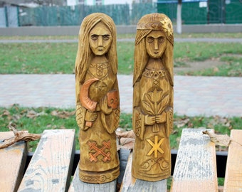 Hand-carved wooden statues Morana and Zhiva. Mara. MORANA Slavic Goddess of Death. ZHIVA Slavic Goddess of Life. Zhiva.