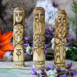 Hand Carved Wooden Slavic Gods Figurines: Vyshen, Kryshen, Semargl