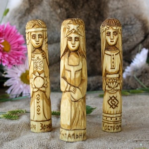 Slavic Goddesses - ZORYA, KUPALNITSA and KOSTROMA. Wooden slavic goddesses . Small Wooden Figurines. Hand Carved Wooden Slavic Pantheon.