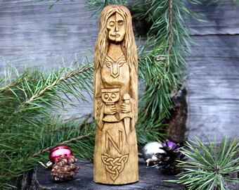 Nordische Göttin Hei (Hela) handgeschnitzte Holzstatue Wikinger Dekor
