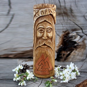 Handmade Wood Carving: Norse God Odin Statue, Viking Talisman