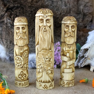 Slavic Gods  - ROD, SVAROG and DAJDBOG. Wooden gods. Small Wooden Figurines. Hand Carved Wooden Slavic Pantheon.