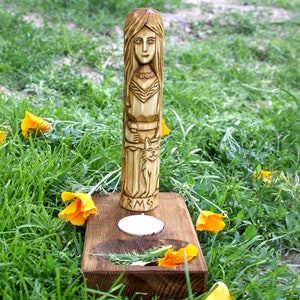 Freya with wooden small altar. Norse Goddess Freya. Viking&#39;s goddesses. Hand crafted wooden Statue. Freya statue.