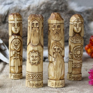 Slavic Gods  - Porenut, POREVIT, YAROVIT and RUEVIT. Wooden gods. Small Wooden Figurines. Hand Carved Wooden Slavic Pantheon.
