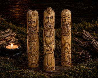 Freyr Heimdall Njord Wooden Statues, Hand Carved Norse God Figurines, 18 cm
