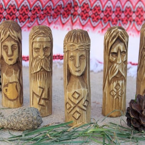 Set of small wooden figurines. Hand Carved Wooden Slavic Pantheon. Makosh, Hors, Chur, Dana, Stribog