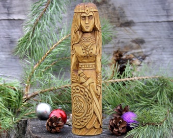 Norse Goddess Freya Hand Carved Wooden Statue Viking Decor (9.84 inches)