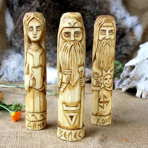 Hand Carved Wooden Slavic Gods: Veles, Dana, Hors Figurines
