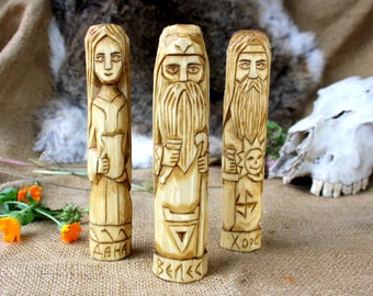 Slavic Gods and Goddesses - VELES, DANA and HORS. Wooden gods an goddesses . Small Wooden Figurines. Hand Carved Wooden Slavic Pantheon.