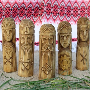 Set of small wooden figurines. Hand Carved Wooden Slavic Pantheon. Yarylo, Morana, Chernobog, Zhiva ,Dajdbog