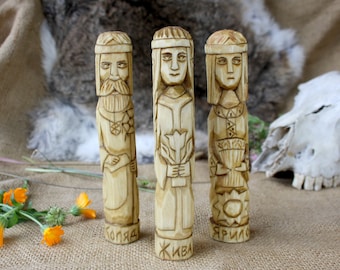 Slavic Gods and Goddesses - KOLYADA, ZHIVA and YARILO. Wooden gods an goddesses .Small Wooden Figurines. Hand Carved Wooden Slavic Pantheon.