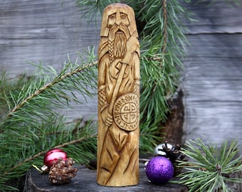 Norse God Odin Hand Carved Wooden Statue Viking Decor (9.84 inches)