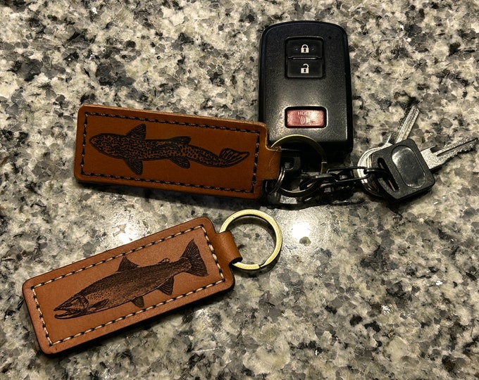 Fly Fishing Inspired Leather Keychain. Great gift for an avid fisherman. Made with English bridle leather from Wickett & Craig.