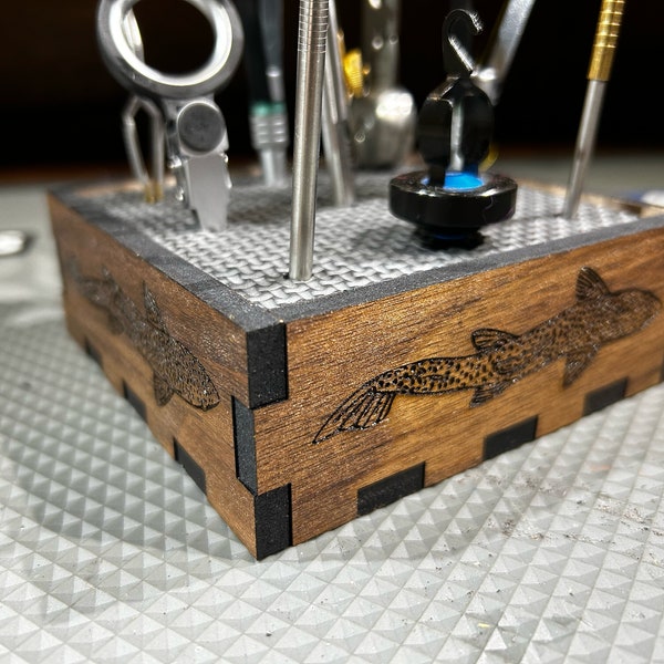 Fly Tying Tool Station (SM) - Swimming Trout. Keep your fly tying desk neat and organized with tools at the ready. Perfect Fathers Day gift!