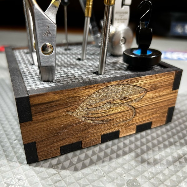 Fly Tying Tool Station - Salmon Fly. Keep your fly tying desk neat and organized with tools at the ready. Perfect Fathers Day gift!