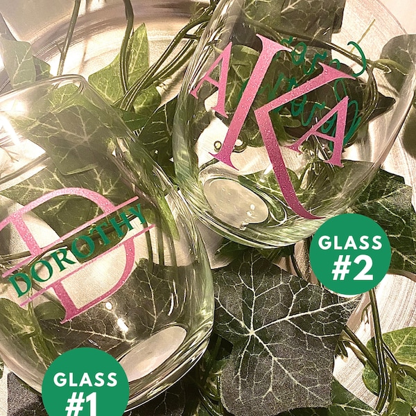 Pink & Green Stemless Wine Glass | Wine Glass Set | Personalized Wine Glasses | AKA Gifts