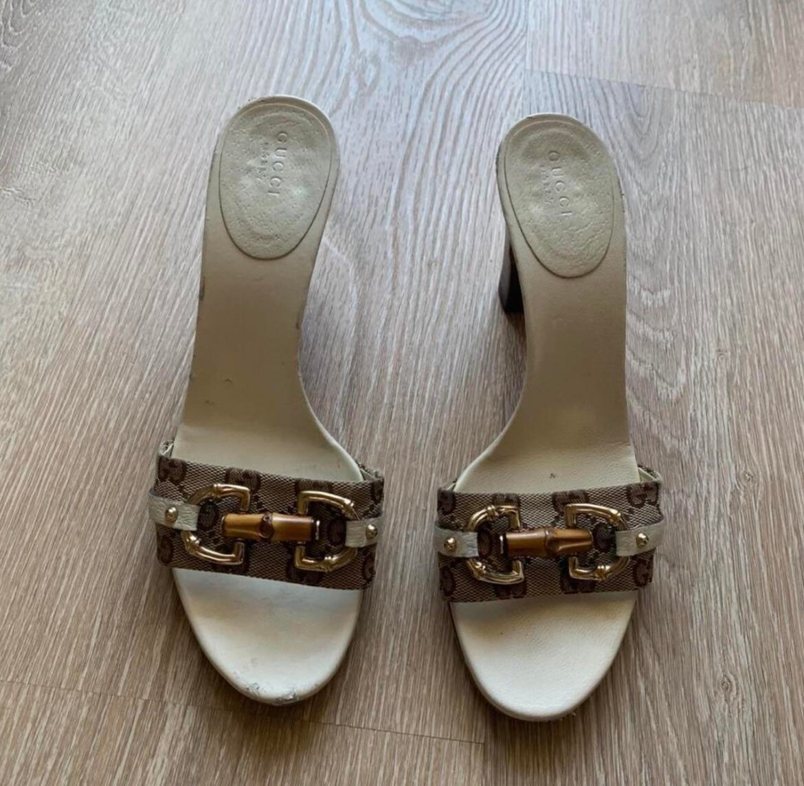 LOUIS VUITTON Y2K white multi monogram gold buckle high heel mule sandal  EU37.5 at 1stDibs