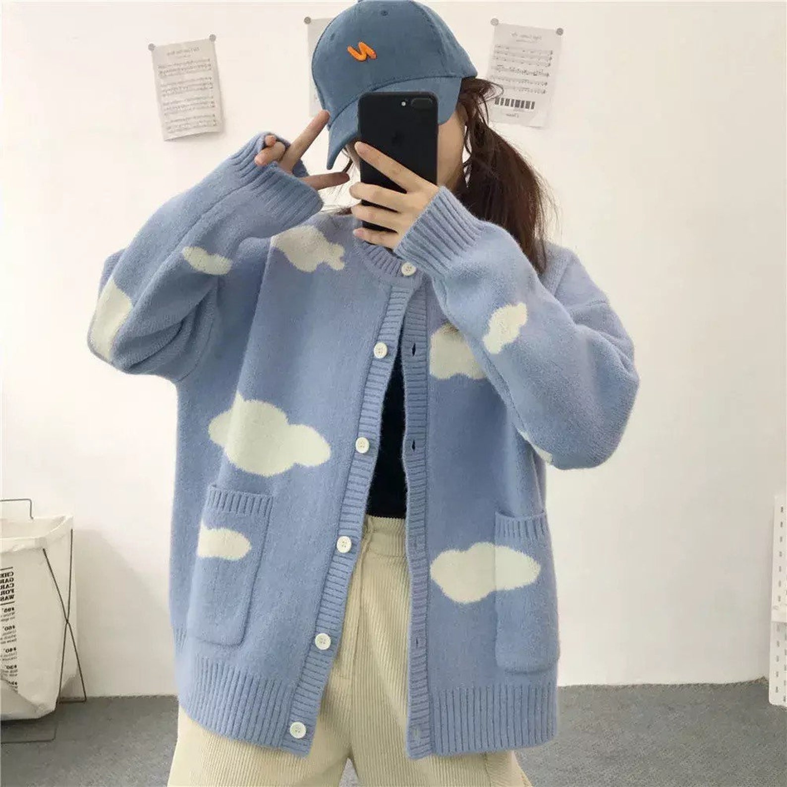 Womens Blue Cardigan Crwe Neck Cloud Print Casual Knit Etsy