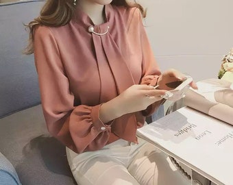 Summer Loose Comfort Zipper Button Chiffon Tops T-Shirt Blouse BOOMJIU Womens Casual Long Sleeve Blouse