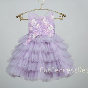 Light purple tulle, light grey tulle, purple lace applique, pretty wedding flower girl dresses W0017M