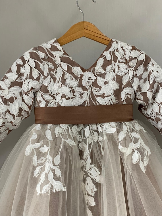 Long Sleeves Ivory Lace, Champagne Tulle Mocha Dark Brown Lining V Back with Bow, Pretty Dress Flower Girl Dress - Wedding Dress W0046M