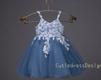 ivory lace and dusty blue tulle, flower girl dress W0022M