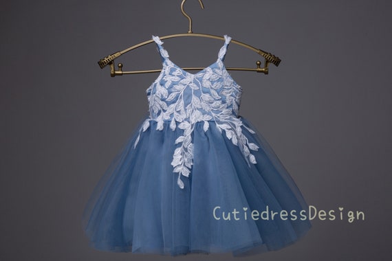 Ivory Lace and Dusty Blue Tulle, Flower Girl Dress W0022M