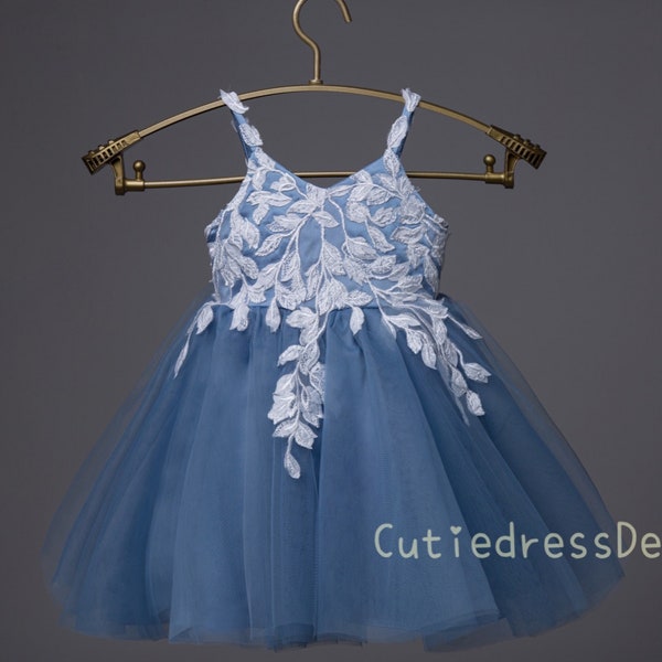 ivory lace and dusty blue tulle, flower girl dress W0022M