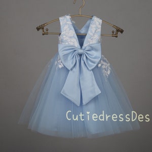 Ivory lace sky blue tulle and lining open back with bow wedding dress party dress flower girl dress - W0030M